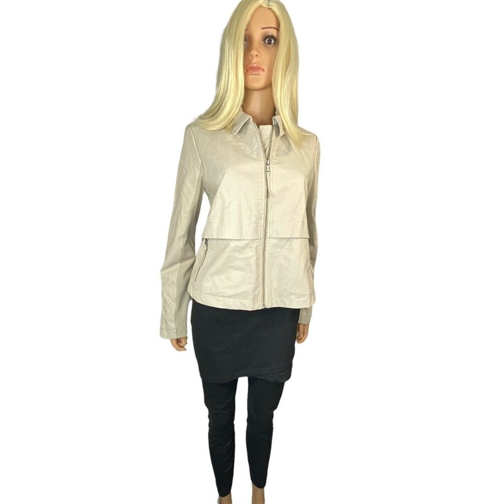 NWT Anthropologie M Vegan Faux Leather Crop Moto Jacket Zippers beige MSRP $160 - Picture 9 of 12